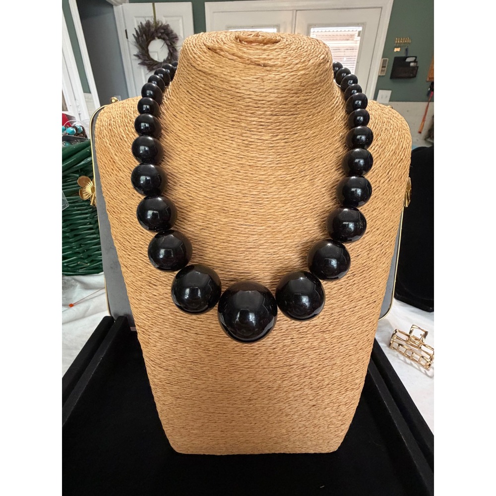 Black Graduated Bead 16" Statement Necklace Chunky Retro Mod Bib Style